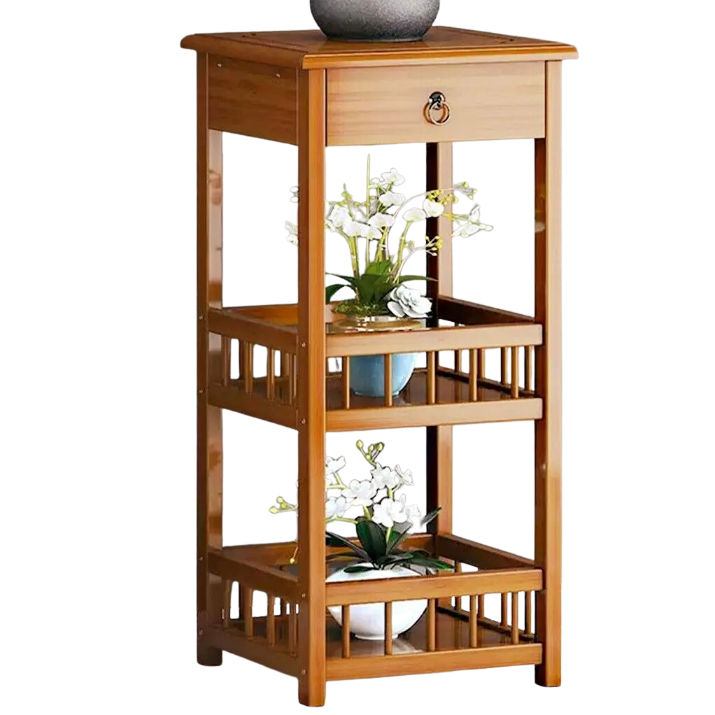 Bamboo Bedside Table with Drawer and Shelves – Light Brown