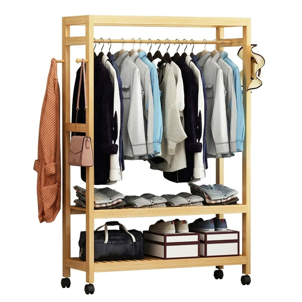 OEM Rolling Clothes Rack Storage Shelves Khaki