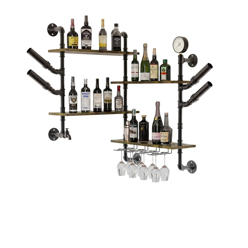OEM Wall Wine Rack Industrial Pipe Shelves Glass Holder Black