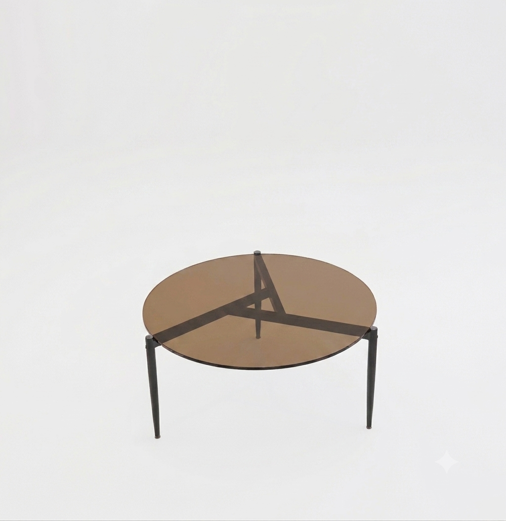OEM Coffee Table Round Tempered Glass Top Metal Legs Brown Tinted