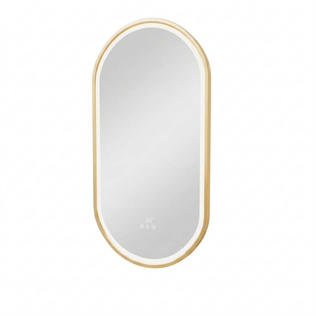 OEM Bathroom Mirror LED Illuminated Oval Aluminium Frame Gold