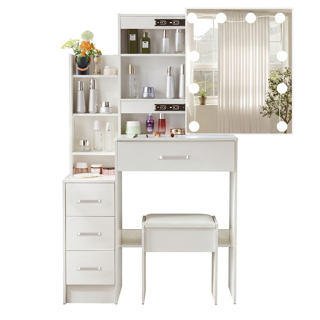 OEM Vanity Dressing Table LED Mirror 4 Drawers Stool White