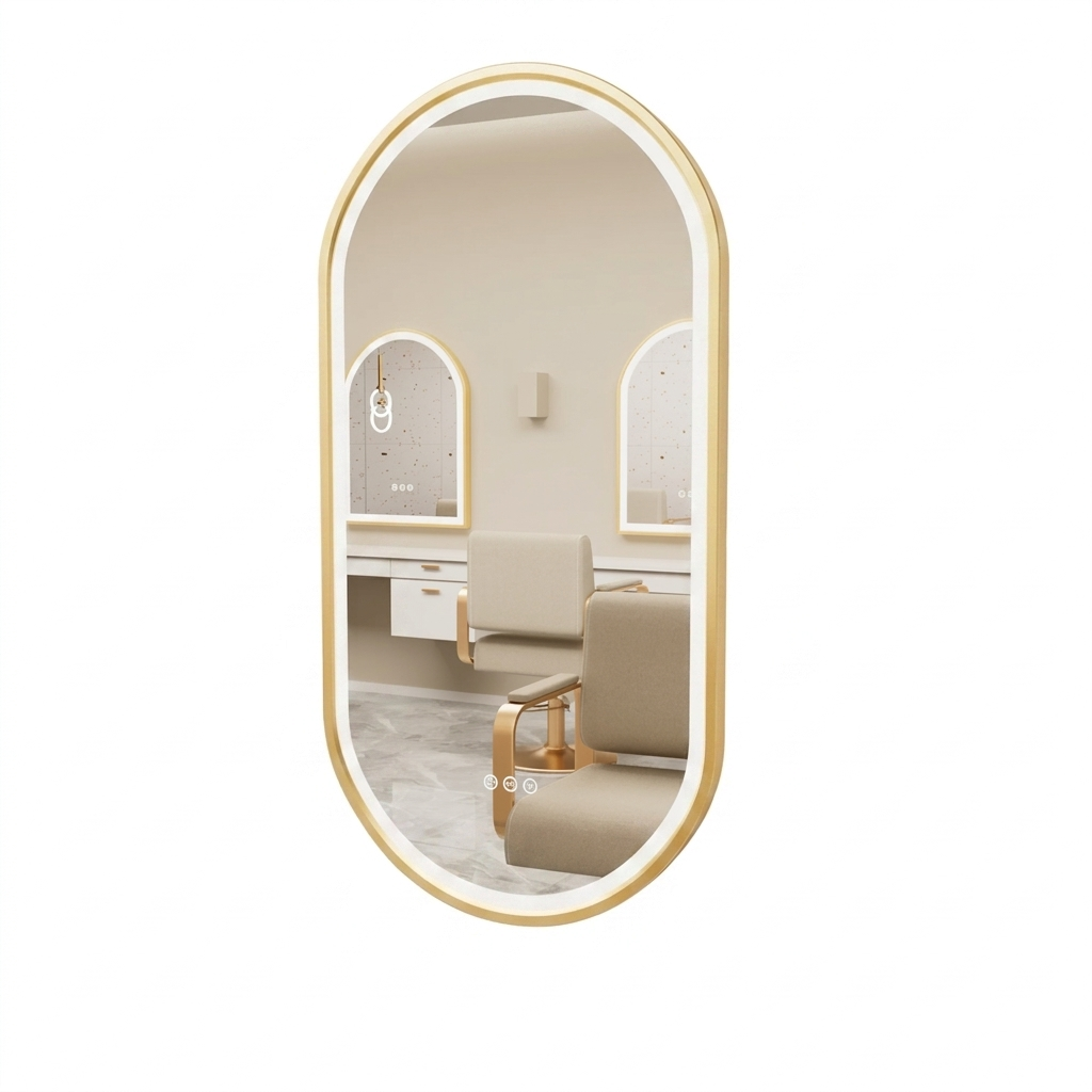 OEM Bathroom Mirror LED Illuminated Oval Aluminium Frame Gold