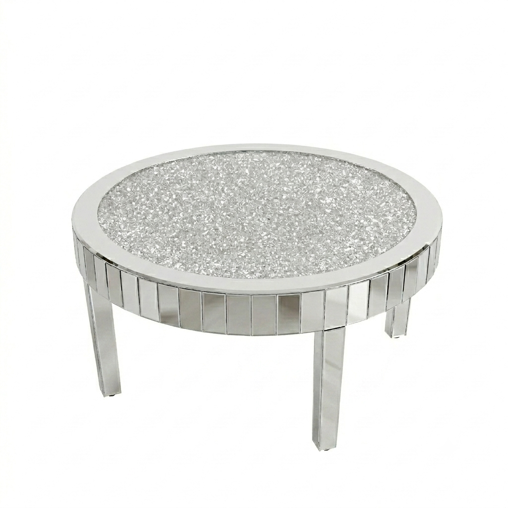 OEM Coffee Table Round Mirrored Crystal Inlay Silver