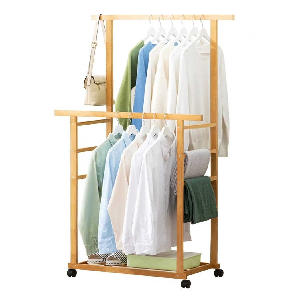OEM Clothes Rack Bamboo Wheels Locks Light Oak