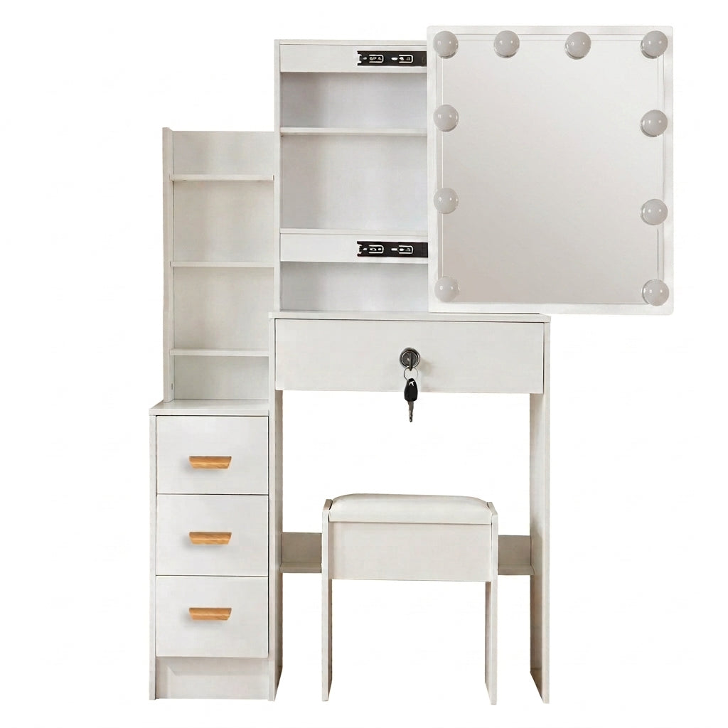 OEM Vanity Dressing Table 4 Drawers LED Mirror Faux Leather Stool White