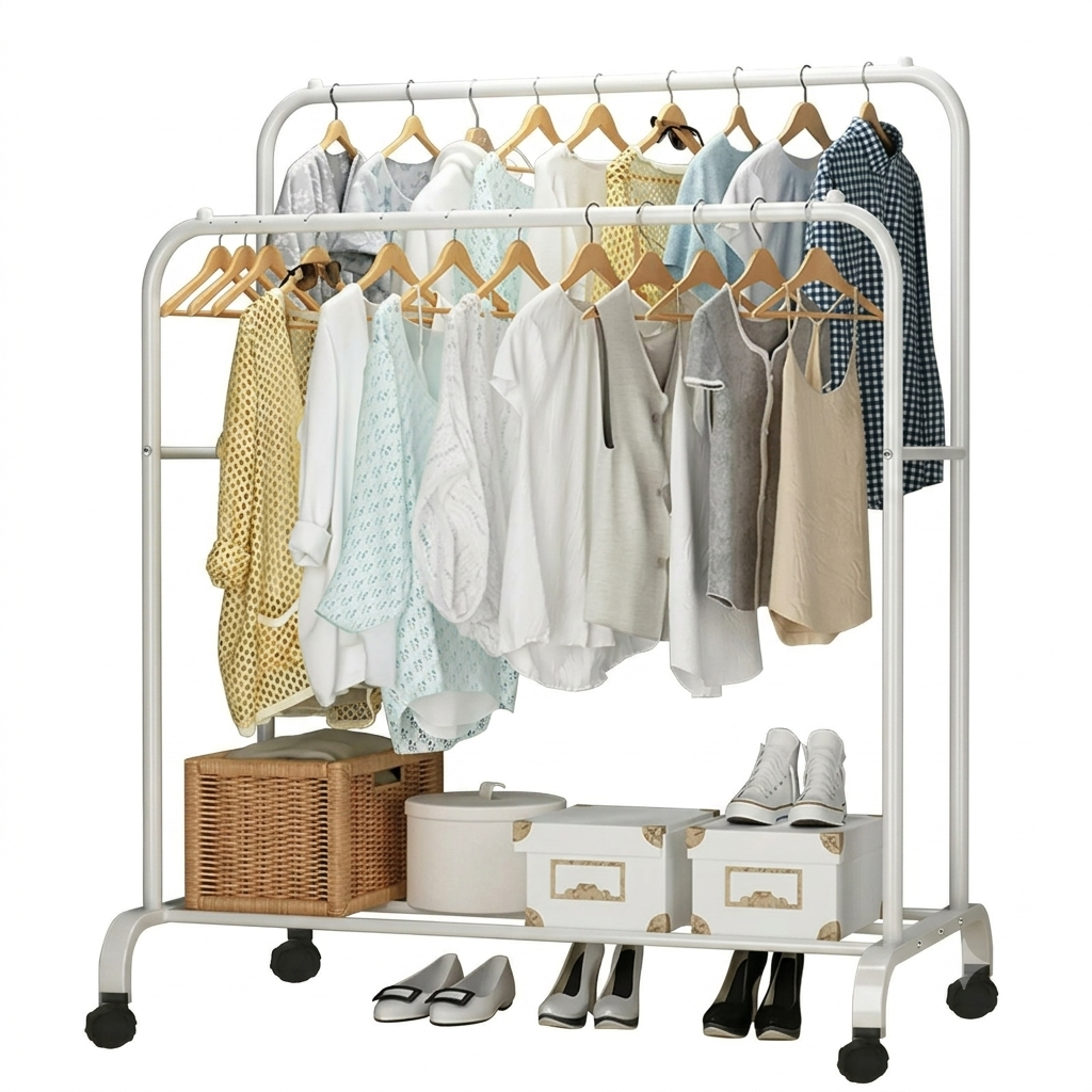 OEM Clothes Rack Double Hanging Rod Rolling White 80.5x51x155cm