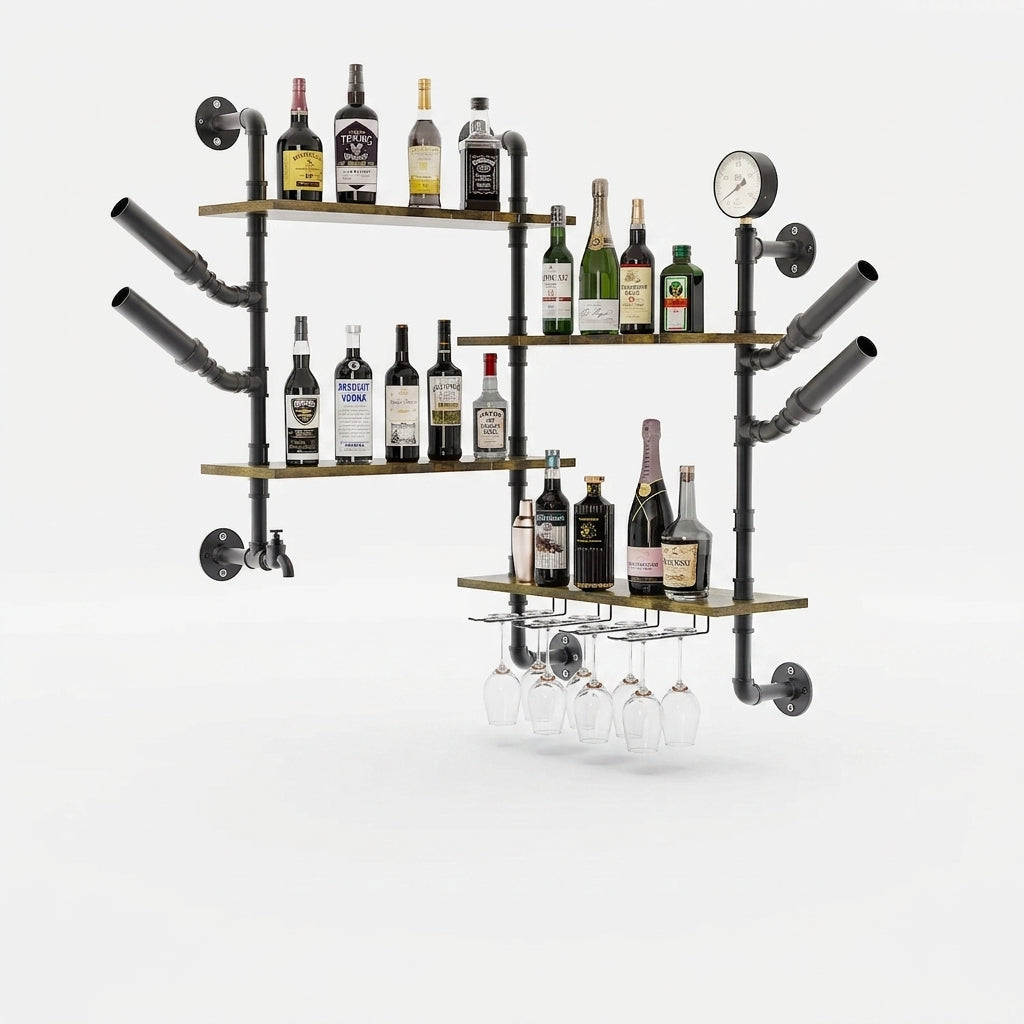 OEM Wall Wine Rack Industrial Pipe Shelves Glass Holder Rustic Brown Medium