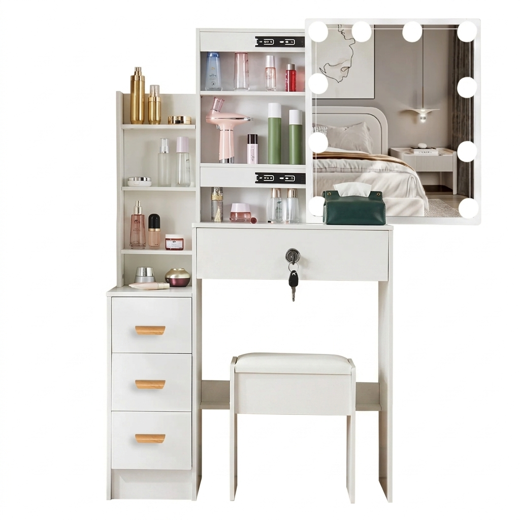 OEM Vanity Dressing Table 4 Drawers LED Mirror Faux Leather Stool White