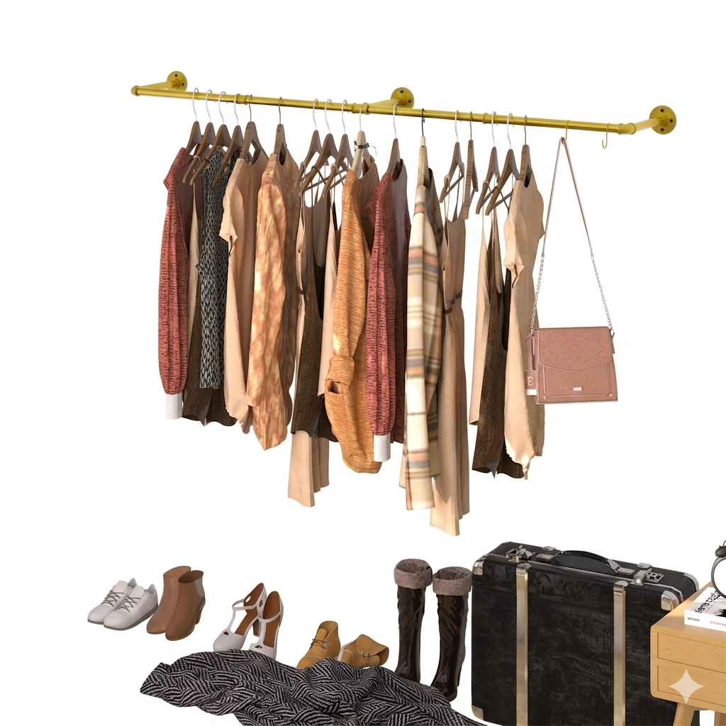 OEM Clothes Rack Wall Mounted Shelf Hooks Gold 180cm