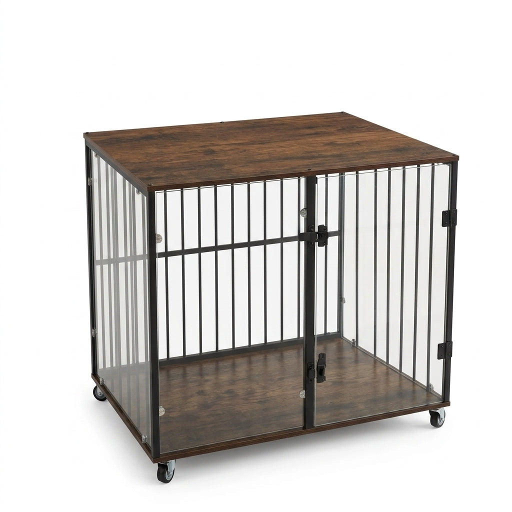 OEM Dog Crate Furniture Style Tempered Glass Rolling Kennel