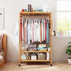 OEM Rolling Clothes Rack Storage Shelves Khaki