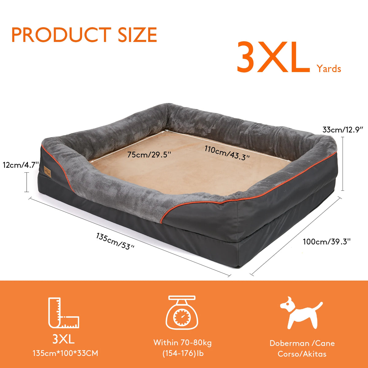 OEM Dog Bed Warm Fleece Waterproof Washable Cover Grey 3XL