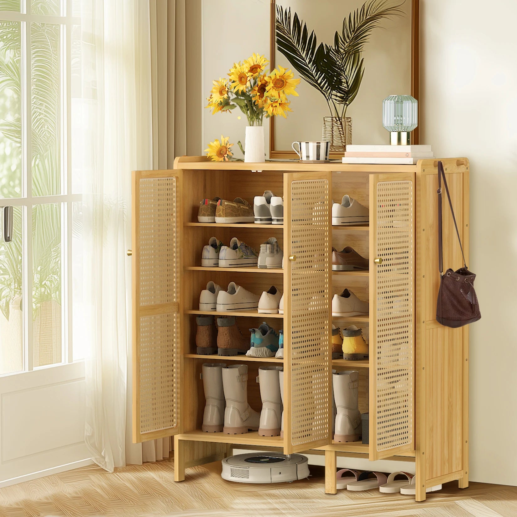Bamboo Shoe Storage Cabinet - 6 Tier with Doors - Natural Wood
