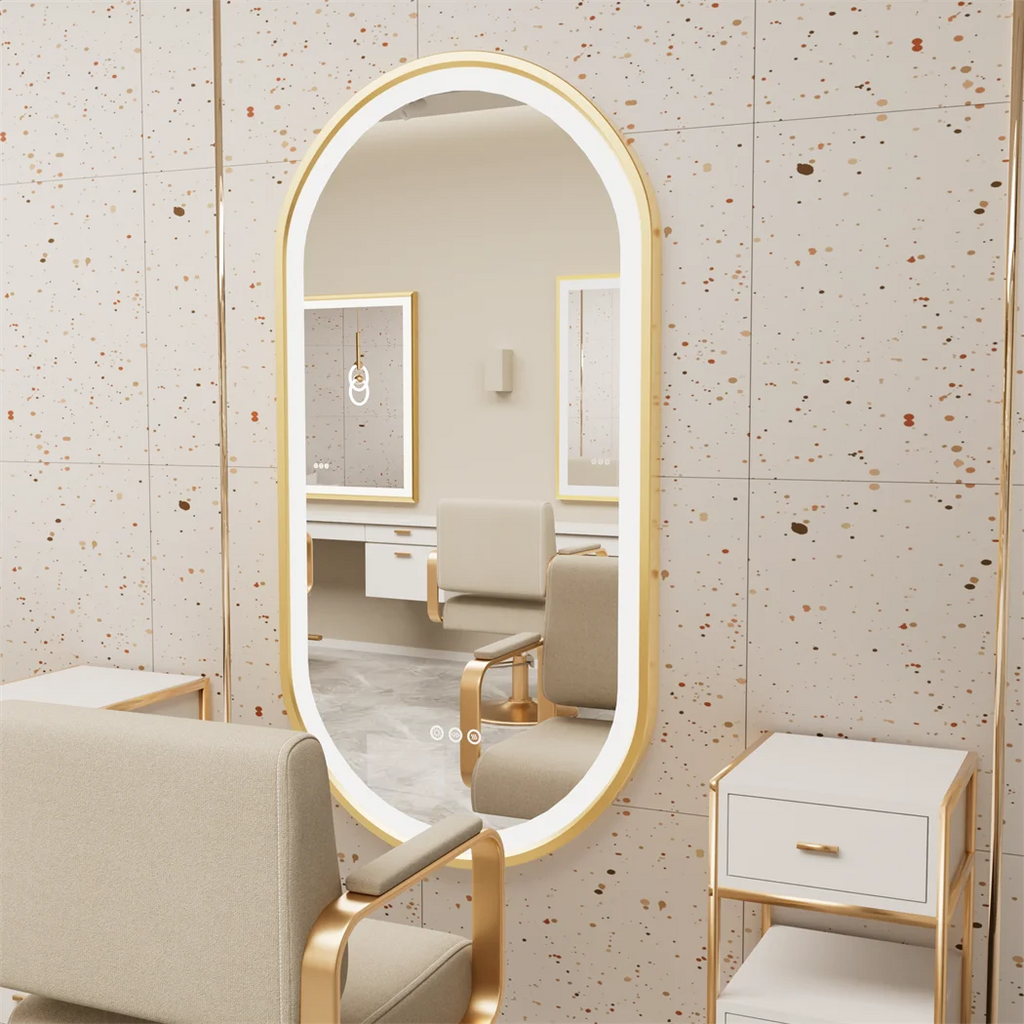 OEM Bathroom Mirror LED Illuminated Oval Aluminium Frame Gold