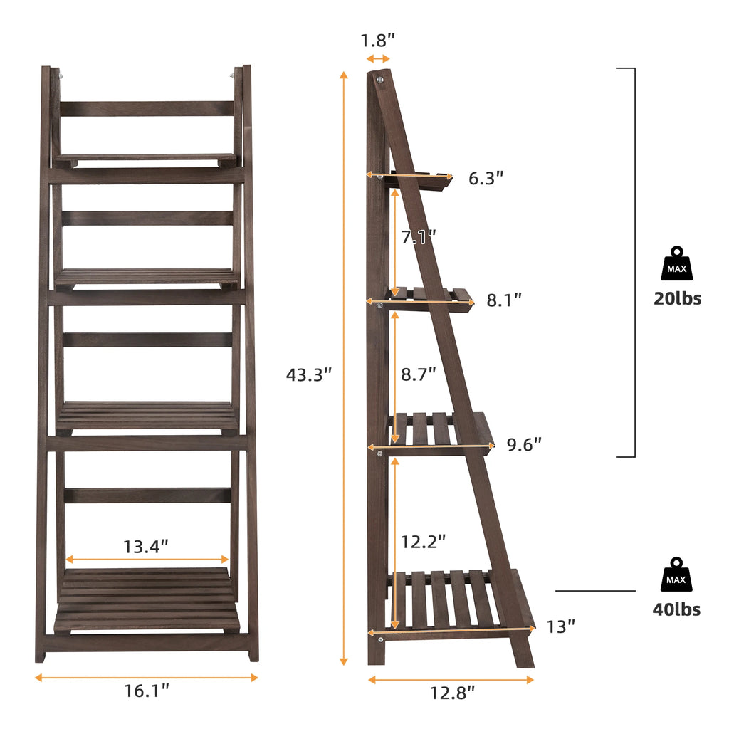 Plant Stand - 4-Tier Ladder Shelf - Wooden Design - Brown