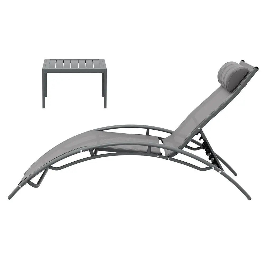 OEM Outdoor Sun Lounger Set 3 Piece Steel Patio Reclining Chairs with Side Table Grey 182x57.5x91cm
