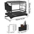 OEM 2-Tier Dish Drying Rack Auto Drain Cup Utensil Holder Black 42x30x32cm