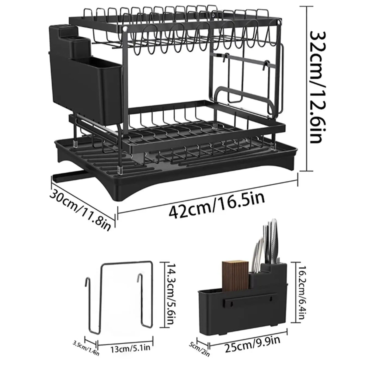 OEM 2-Tier Dish Drying Rack Auto Drain Cup Utensil Holder Black 42x30x32cm