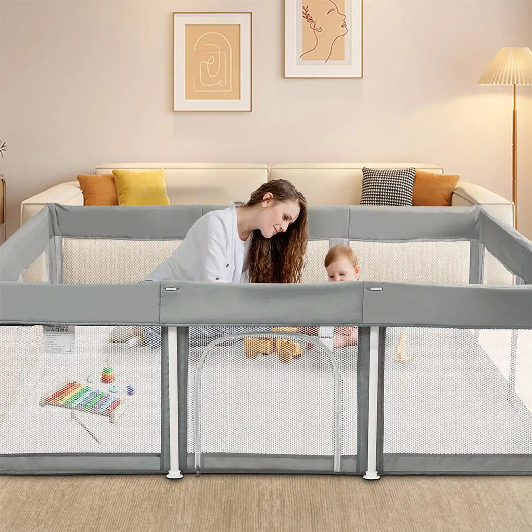 OEM Foldable Baby Playpen Portable Mesh Safety Fence Grey 120x180x65cm