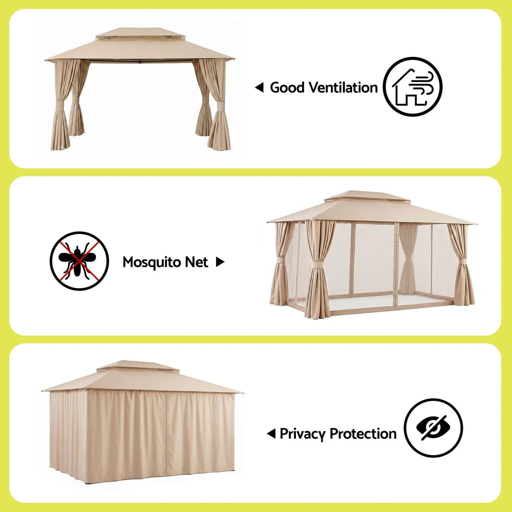 OEM Outdoor Gazebo Canopy Steel Frame Curtains Beige 3x4m