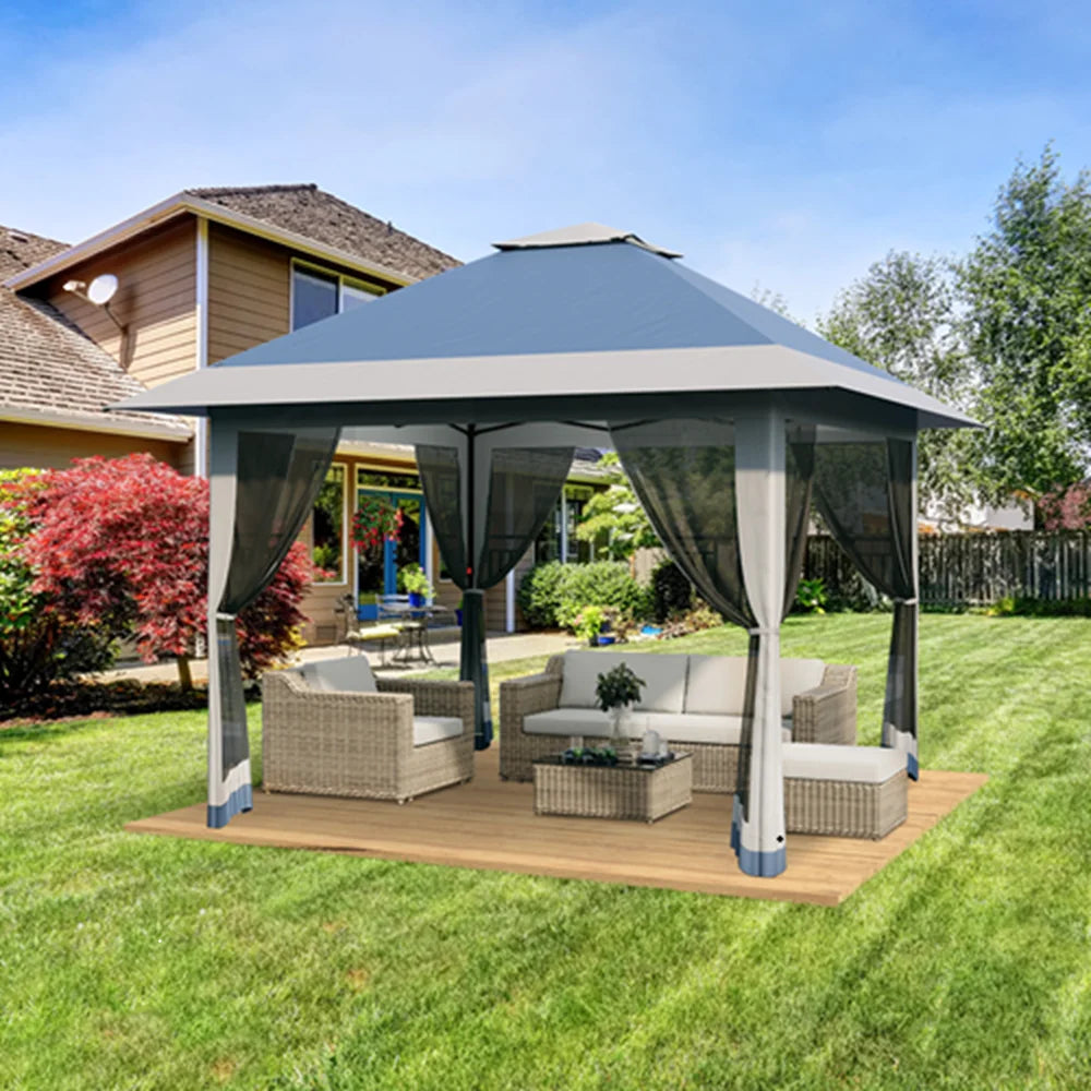 OEM Outdoor Pop Up Gazebo Canopy Tent Double Roof with Mosquito Netting Waterproof Blue 13x13ft