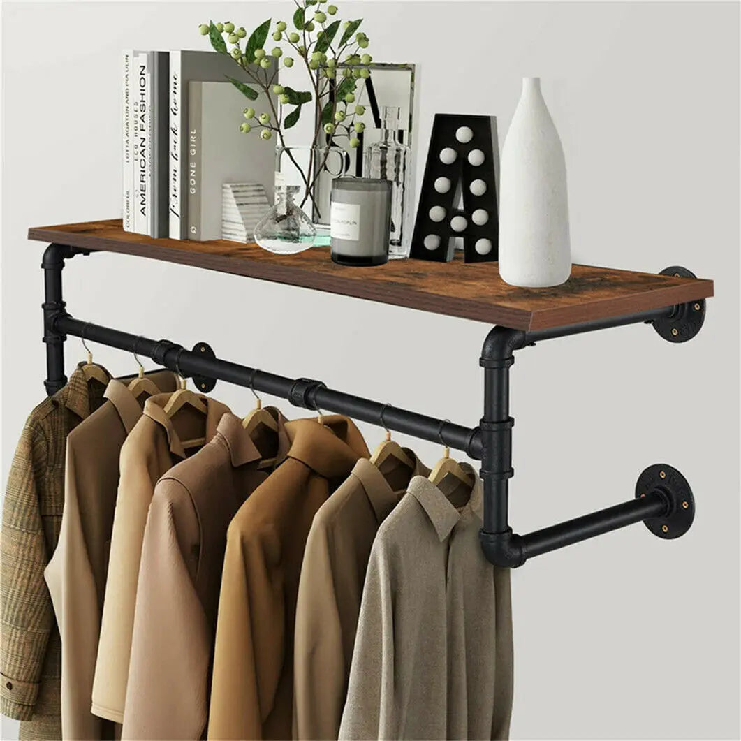 Industrial Pipe Clothing Rack with Shelf - Black