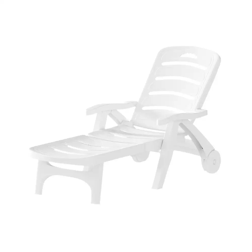OEM Folding Sun Lounger Chair with Wheels 5-Position Adjustable Outdoor Recliner White 186x75.5cm