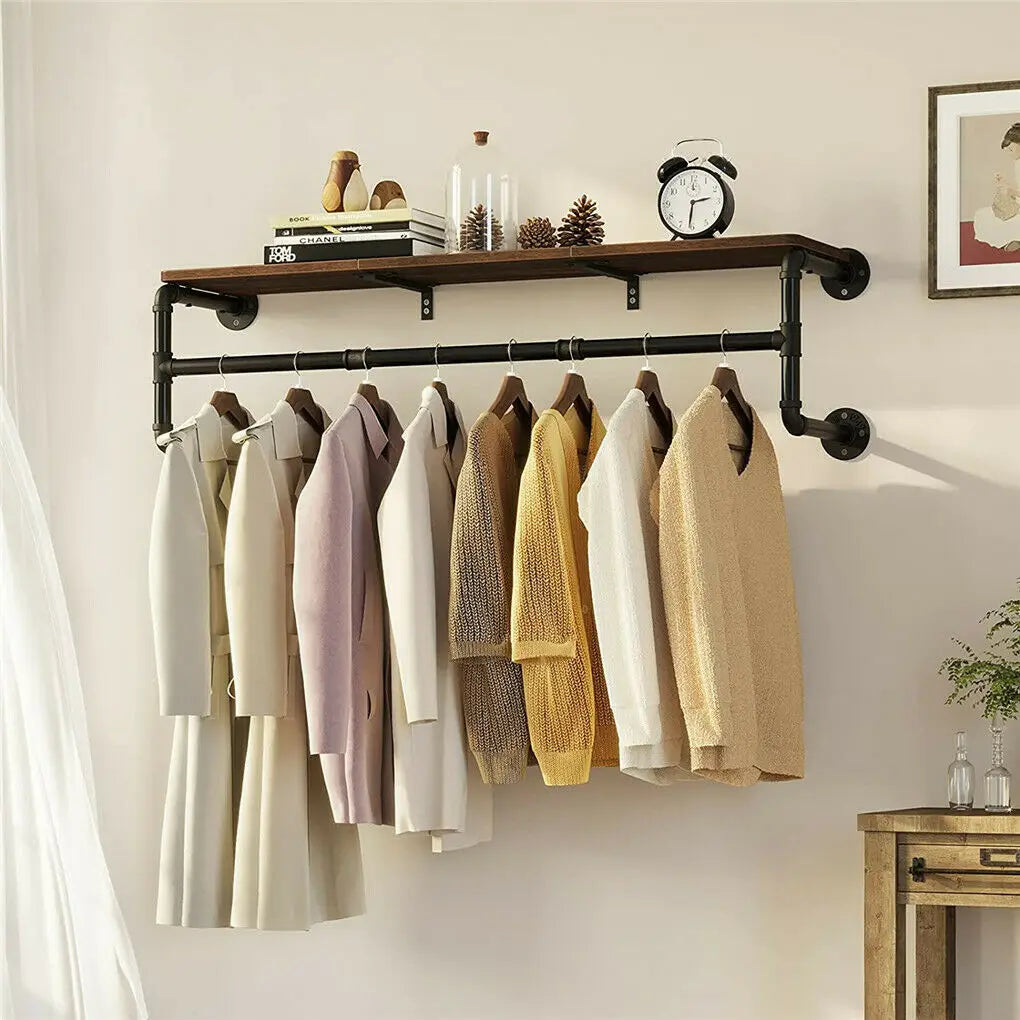 Industrial Pipe Clothing Rack with Shelf - Black
