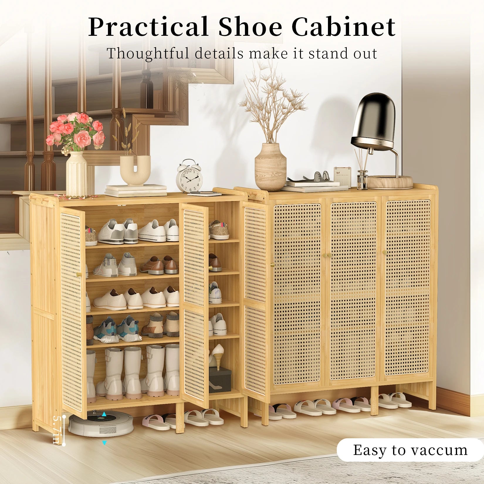 Bamboo Shoe Storage Cabinet - 6 Tier with Doors - Natural Wood