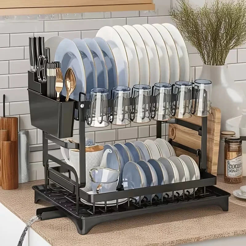 OEM 2-Tier Dish Drying Rack Auto Drain Cup Utensil Holder Black 42.2x29.5x24cm