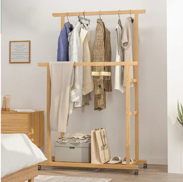 OEM Clothes Rack Double Hanging Rails Wheels Storage Shelves Natural