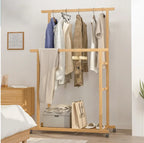 OEM Clothes Rack Double Hanging Rails Wheels Storage Shelves Natural