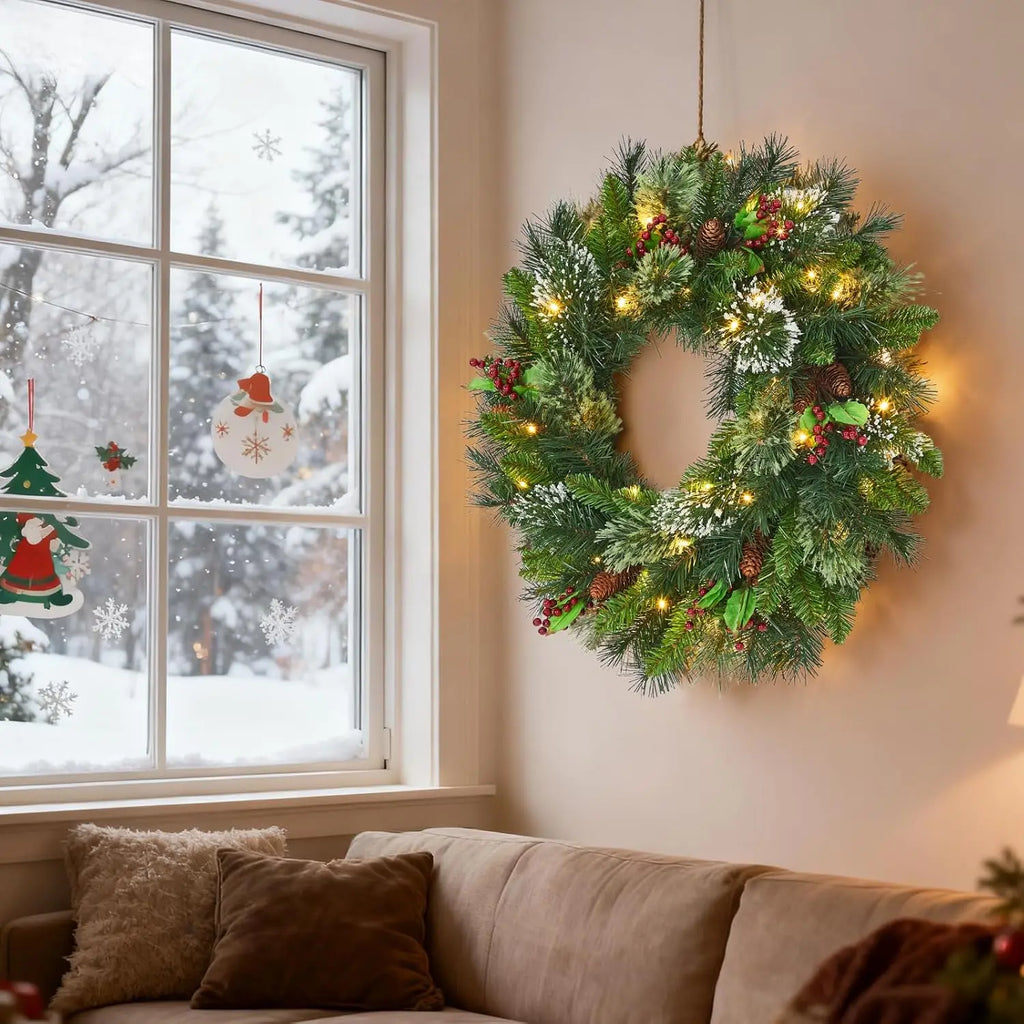 OEM Pre-Lit Christmas Wreath 50 Warm White LED Pine Cones Green 24 Inch