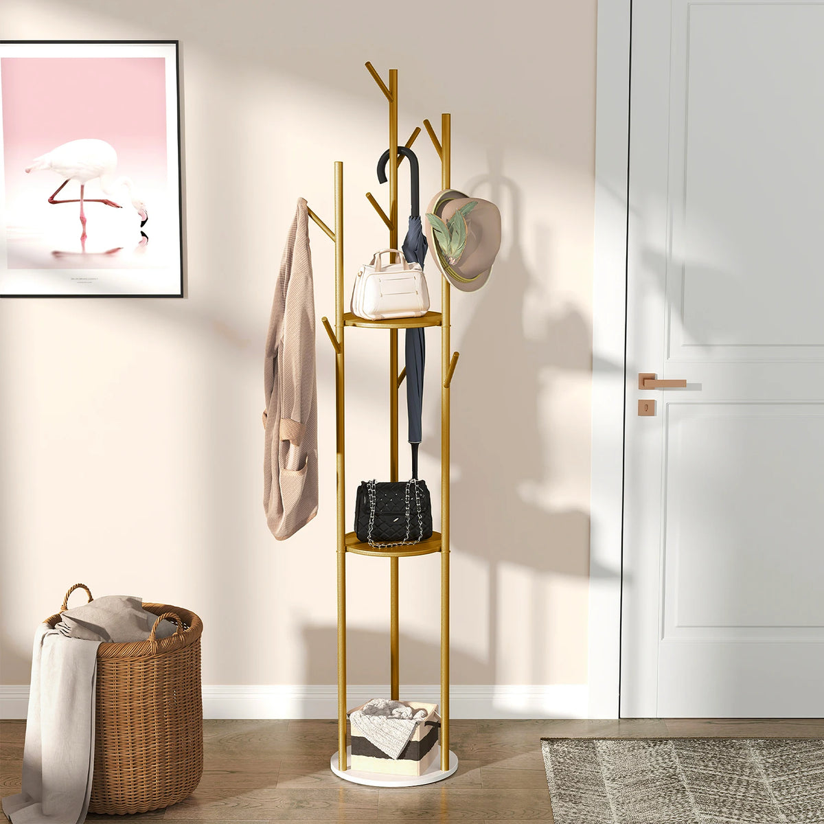 OEM Coat Stand Marble Base 2 Storage Shelves Gold