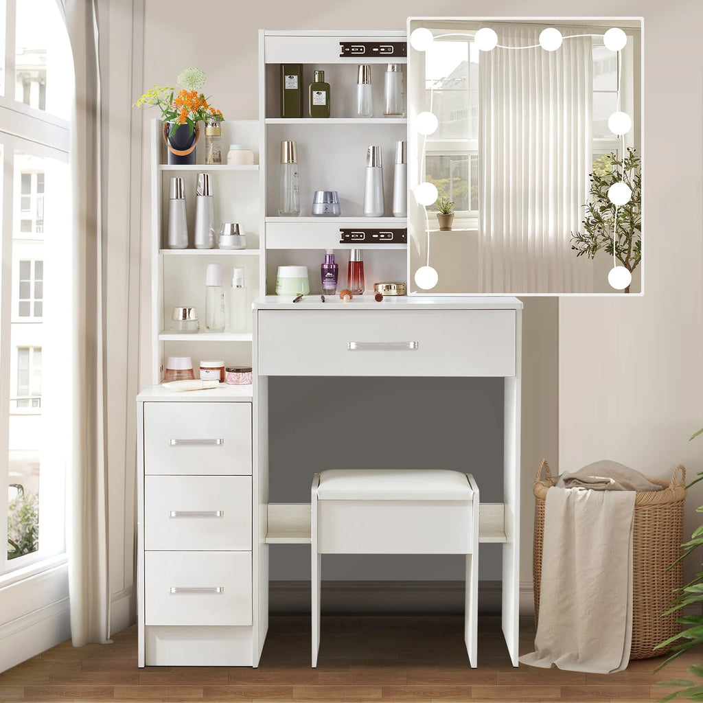 OEM Vanity Dressing Table LED Mirror 4 Drawers Stool White