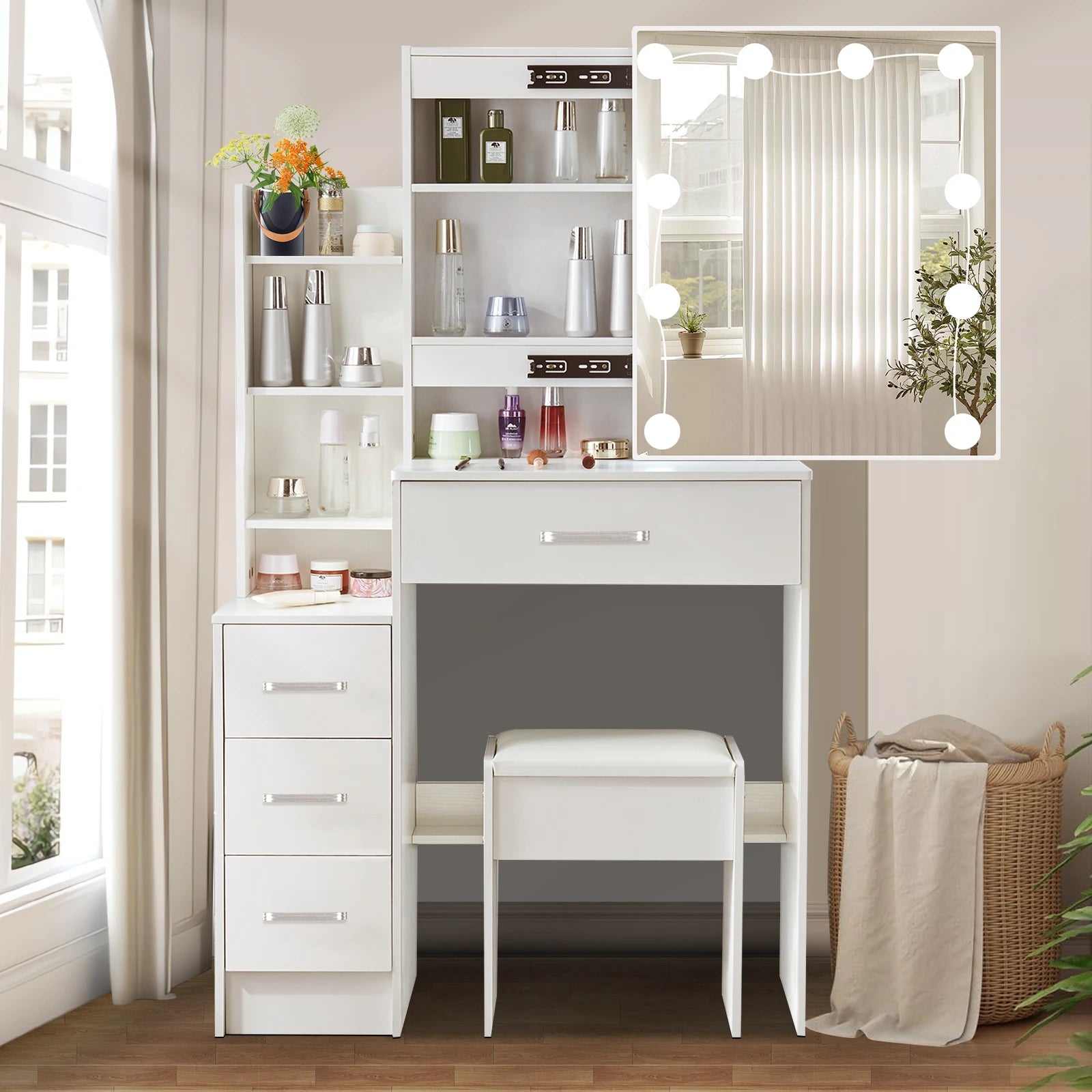 OEM Vanity Dressing Table LED Mirror 4 Drawers Stool White
