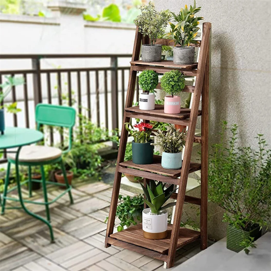 Plant Stand - 4-Tier Ladder Shelf - Wooden Design - Brown