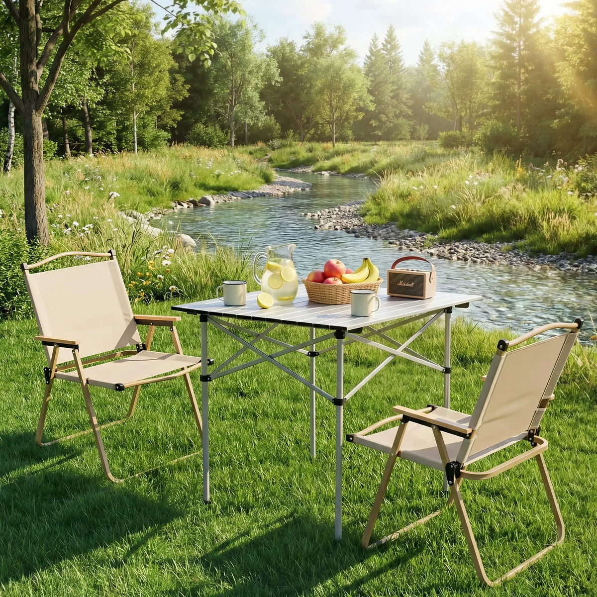 OEM 3 Piece Folding Camping Table Chair Set Beige 70x70x70cm