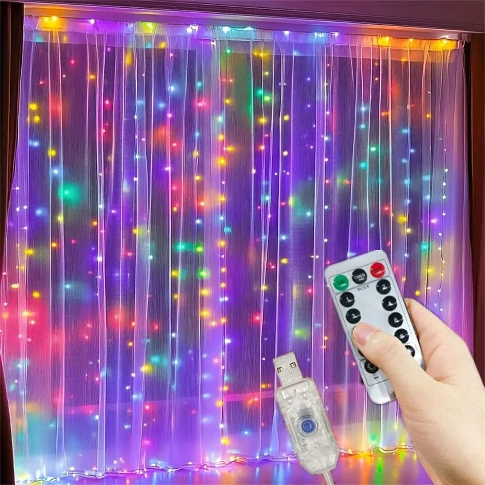 OEM Curtain LED String Lights USB Remote 8 Modes 300 LED 3x3m