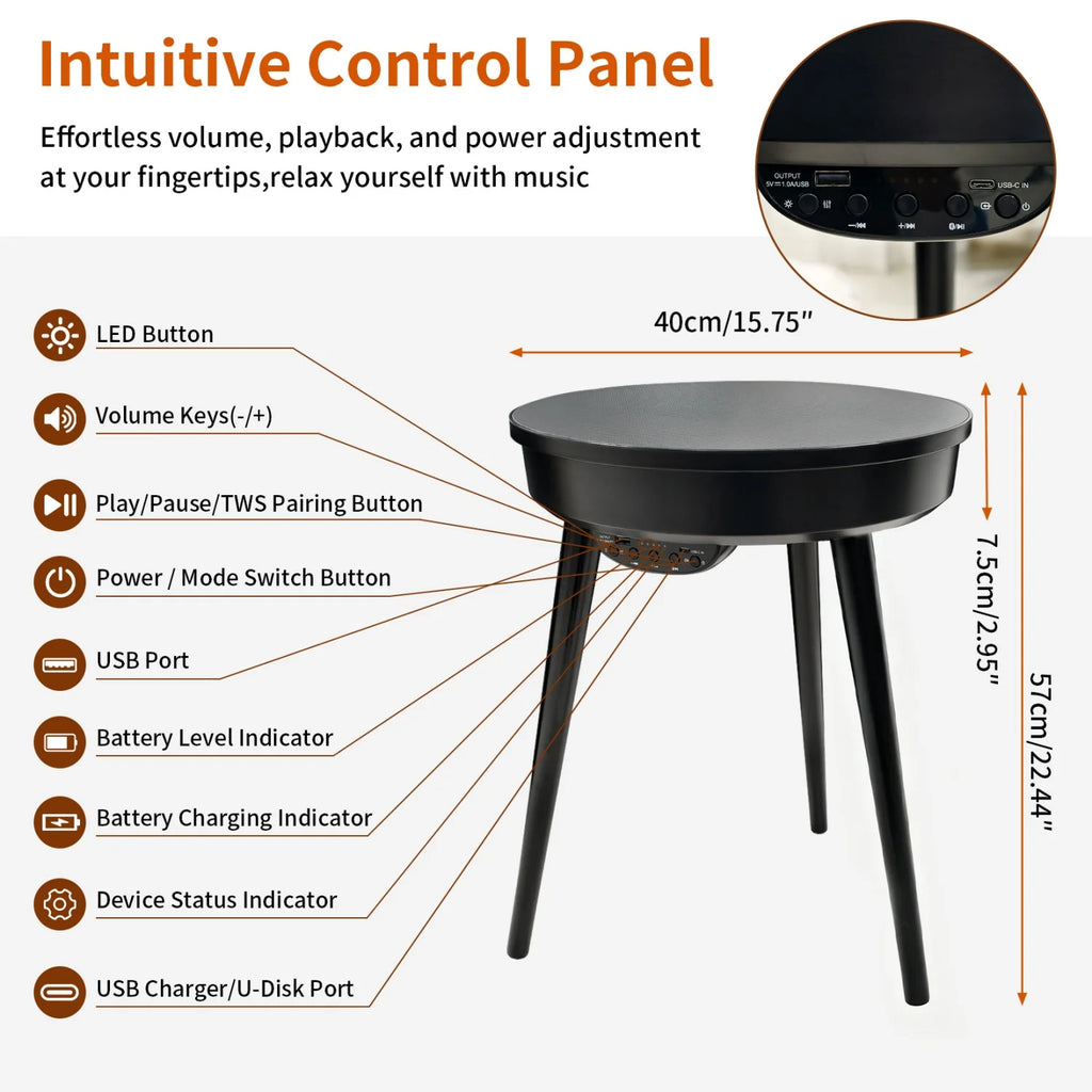 OEM Smart Side Table Bluetooth Speakers LED Light USB Charging Walnut