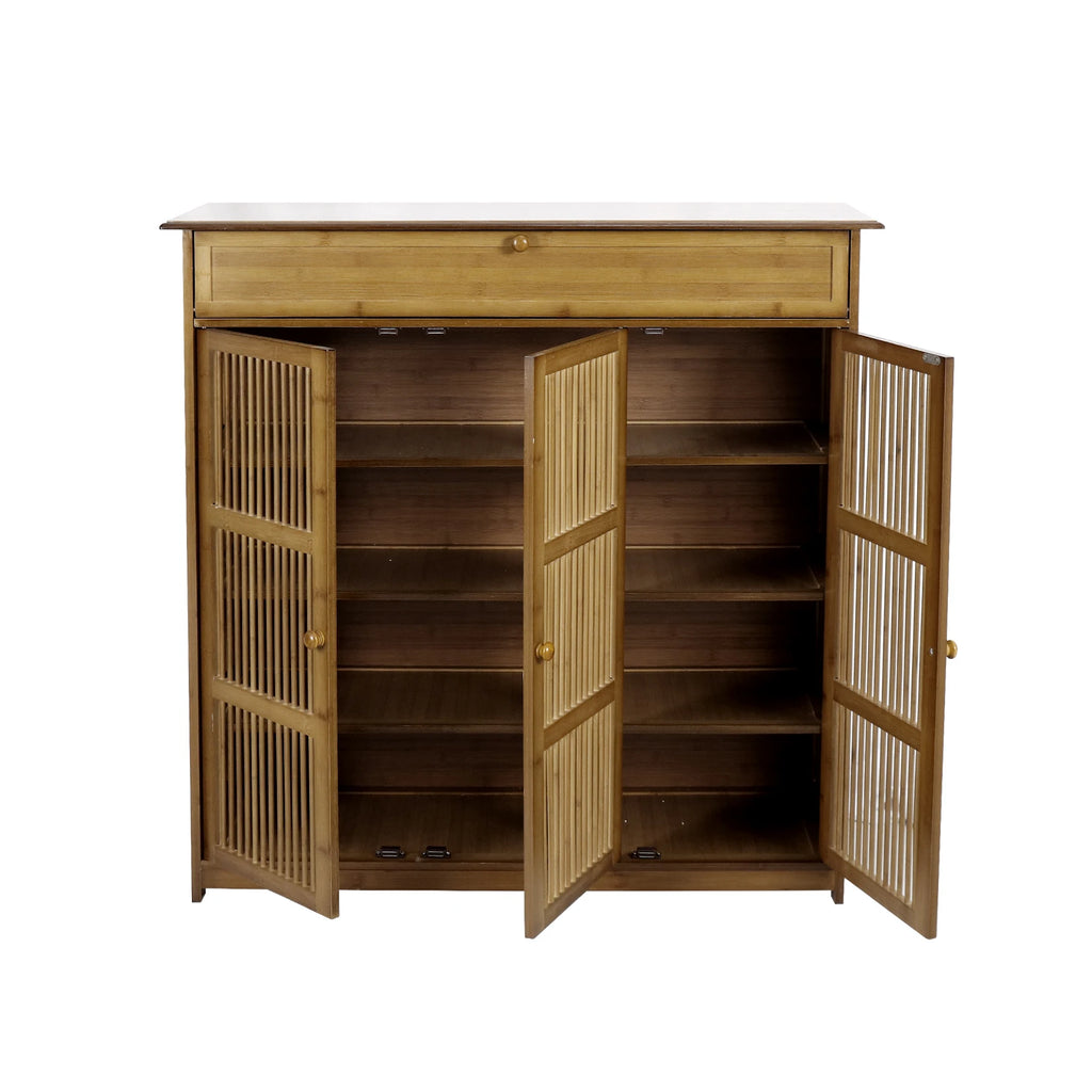 OEM Shoe Cabinet 4-Tier Bamboo Storage 3 Doors Brown Wood