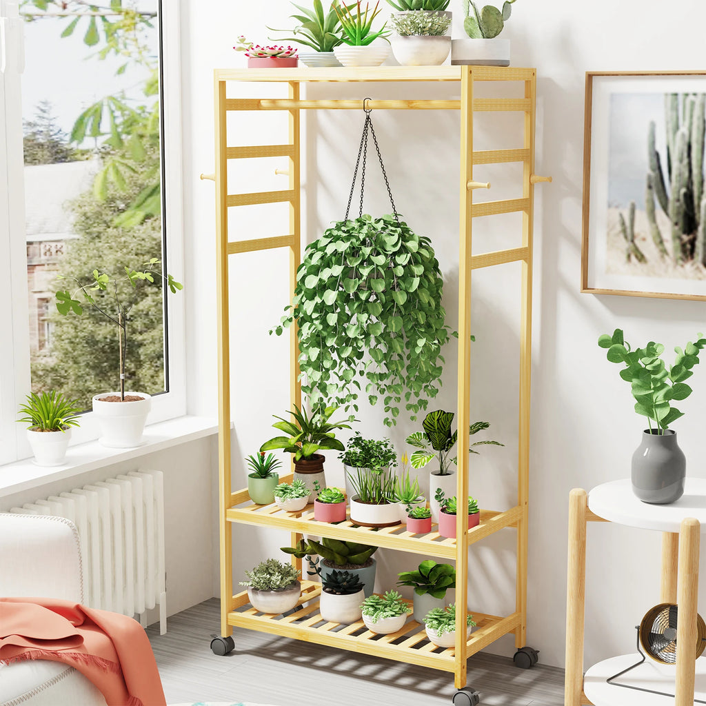 OEM Clothes Rack Bamboo Rolling Wheels Natural