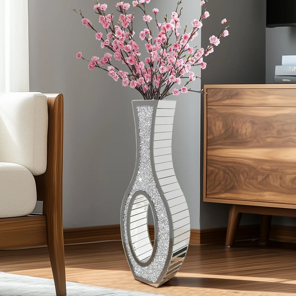 OEM Floor Vase Mirrored Crushed Diamond Silver Tall