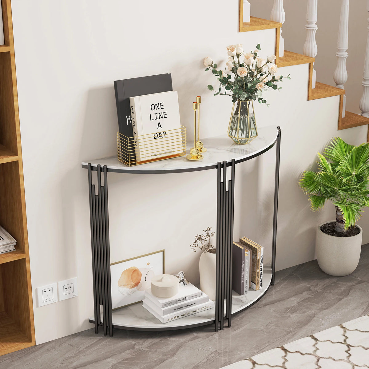 OEM Console Table Half Moon Sintered Stone Top White