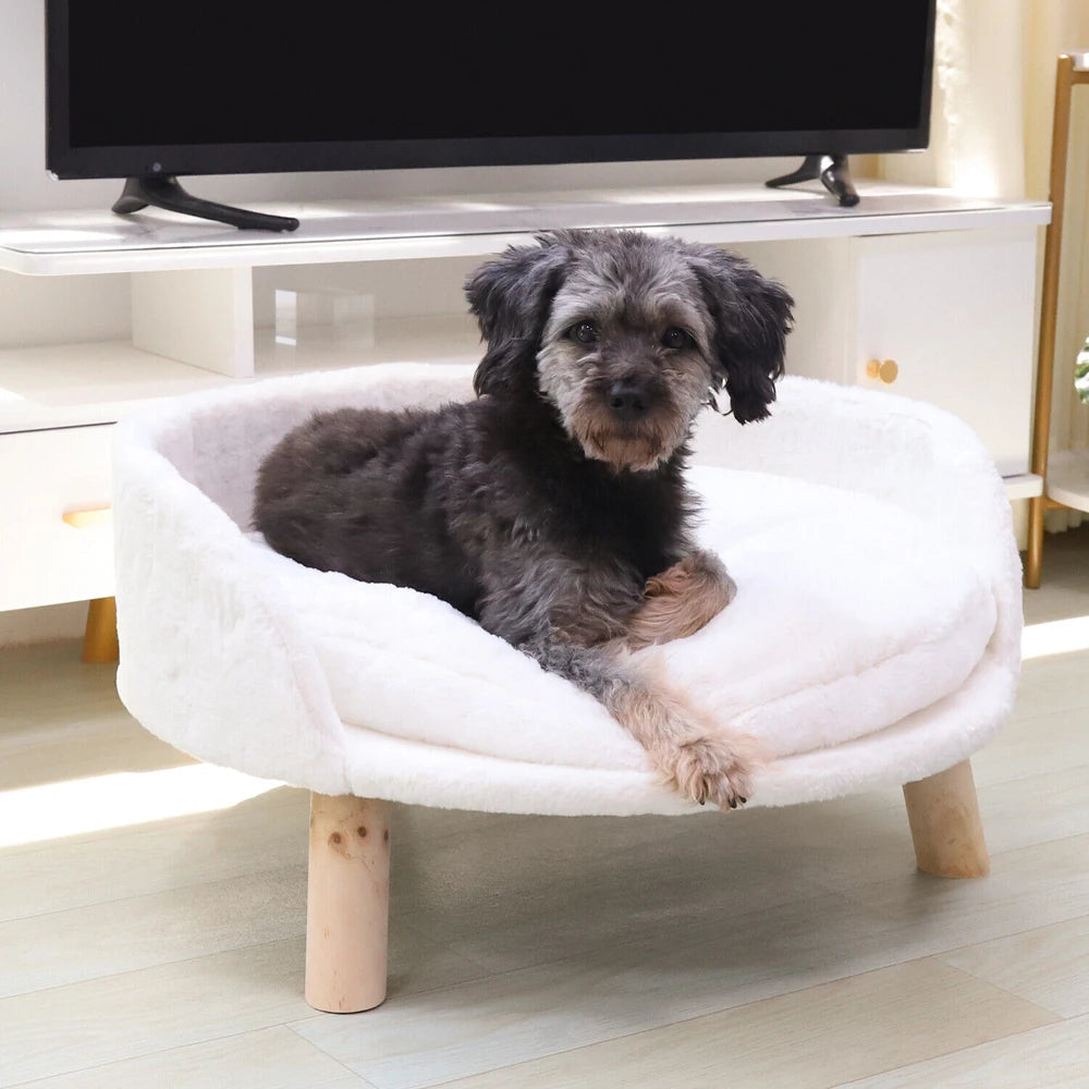 OEM Pet Sofa Soft Plush Wooden Legs Cushion White 40CM