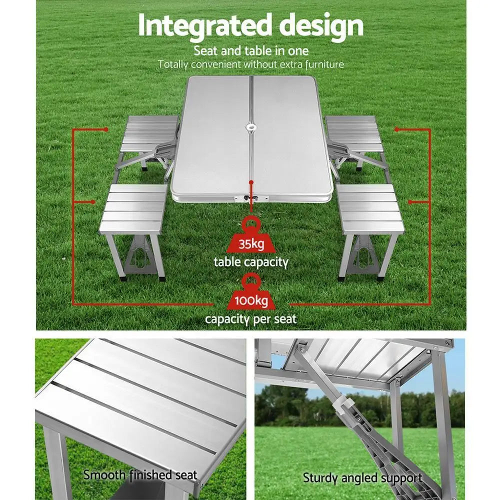 OEM Portable Folding Camping Table Set with Bench Seats Silver 85x66x66.5cm