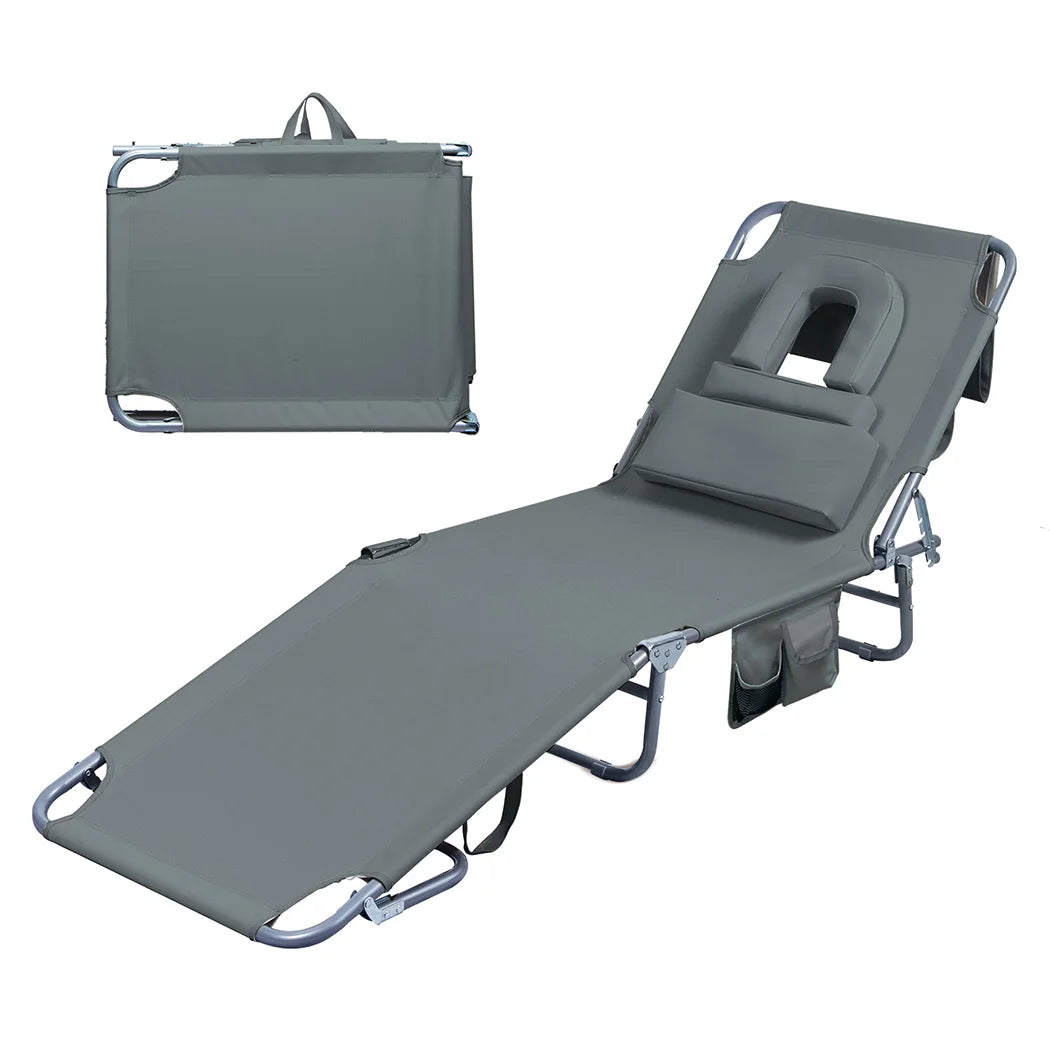 OEM Folding Sun Lounger Chair 5-Position Adjustable Recliner with Face Hole Dark Grey 188x55x24cm