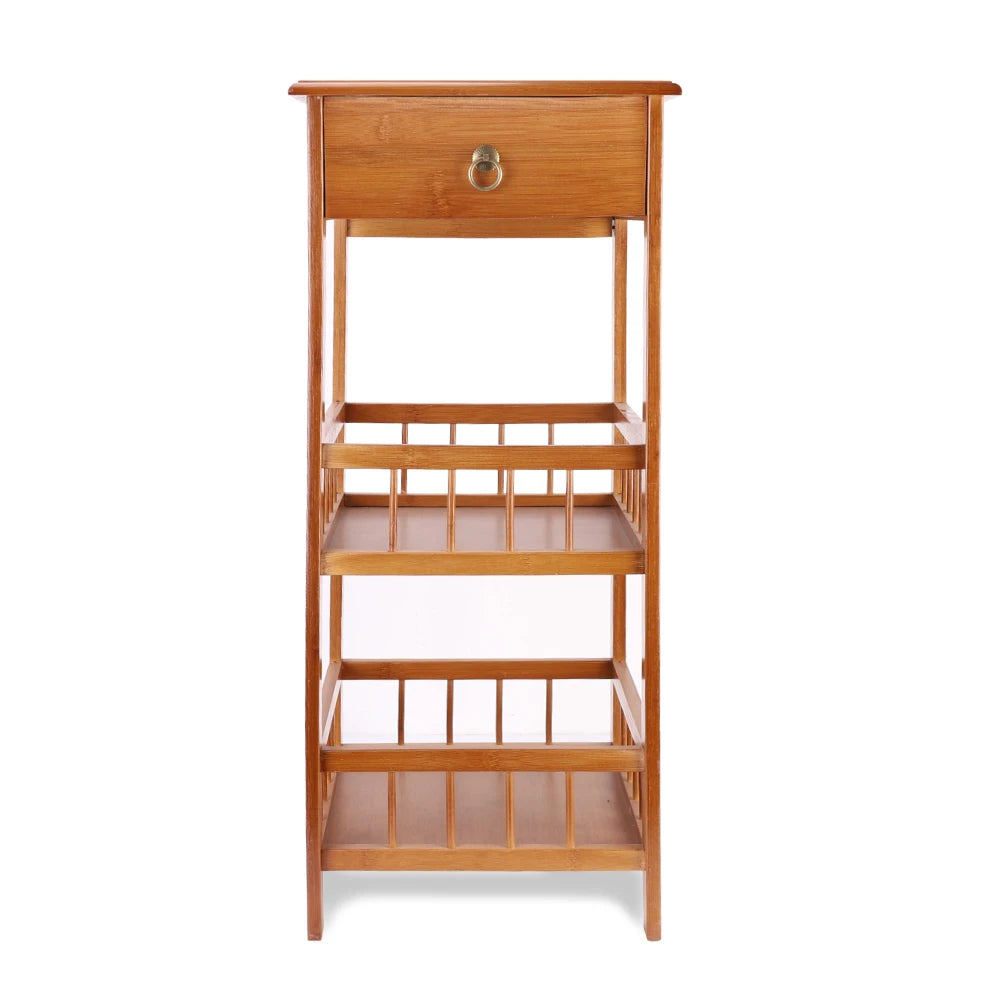 Bamboo Bedside Table with Drawer and Shelves – Light Brown