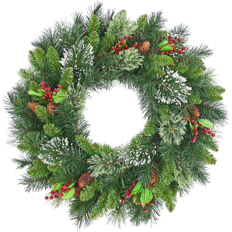 OEM Pre-Lit Christmas Wreath 50 Warm White LED Pine Cones Green 24 Inch